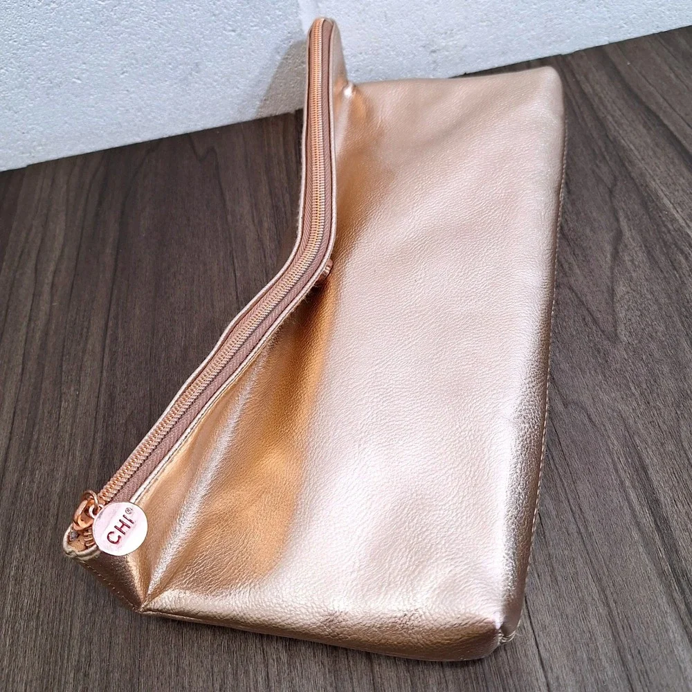 CHI Rose Gold Metallic Makeup Bag Zipper Clutch Travel Pouch Fold Over Rose Gold